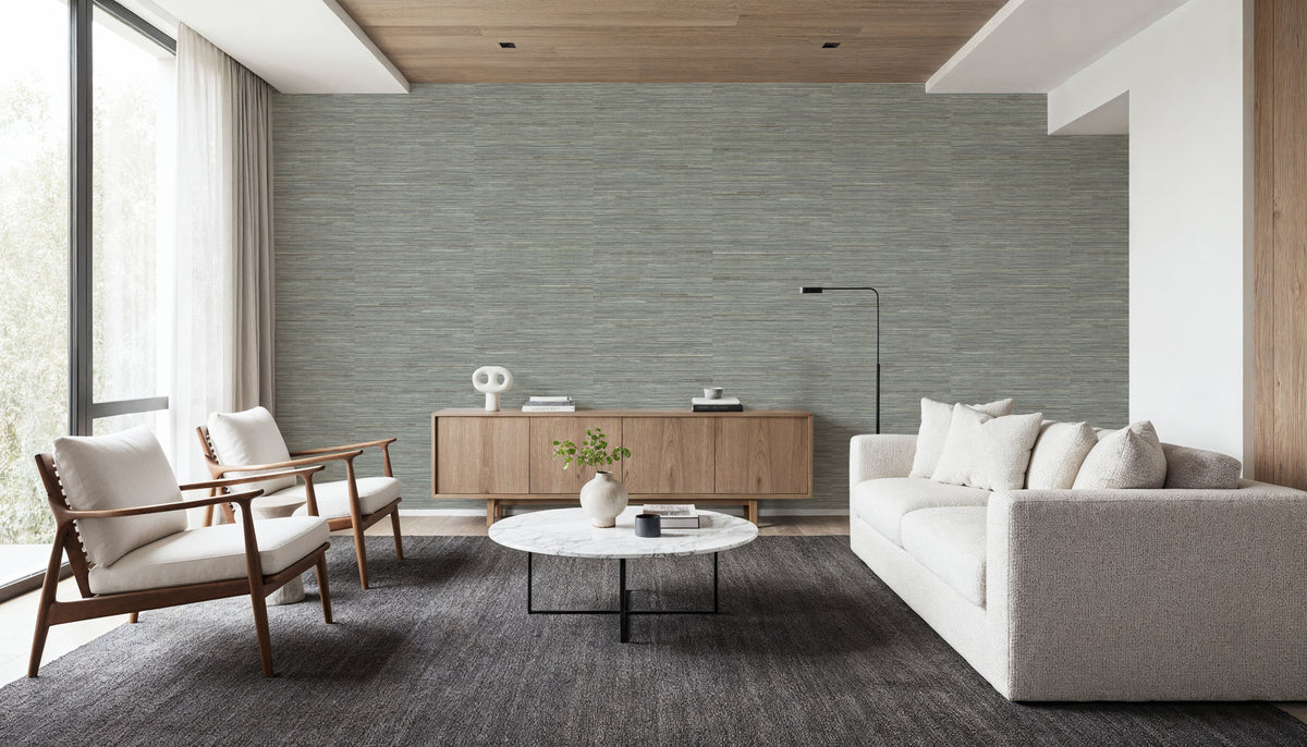 Faux Grasscloth with Visible Seams, Stone Grey Mural Wallpaper - room preview 04