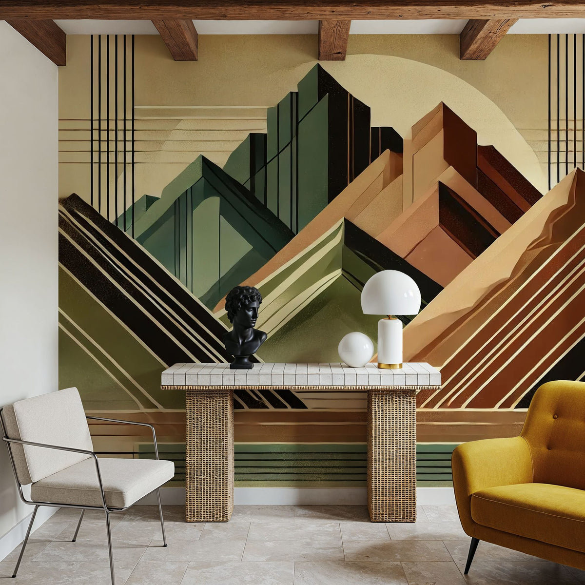Elegant Art Deco Mountain Peaks Mural Wallpaper - room preview 04