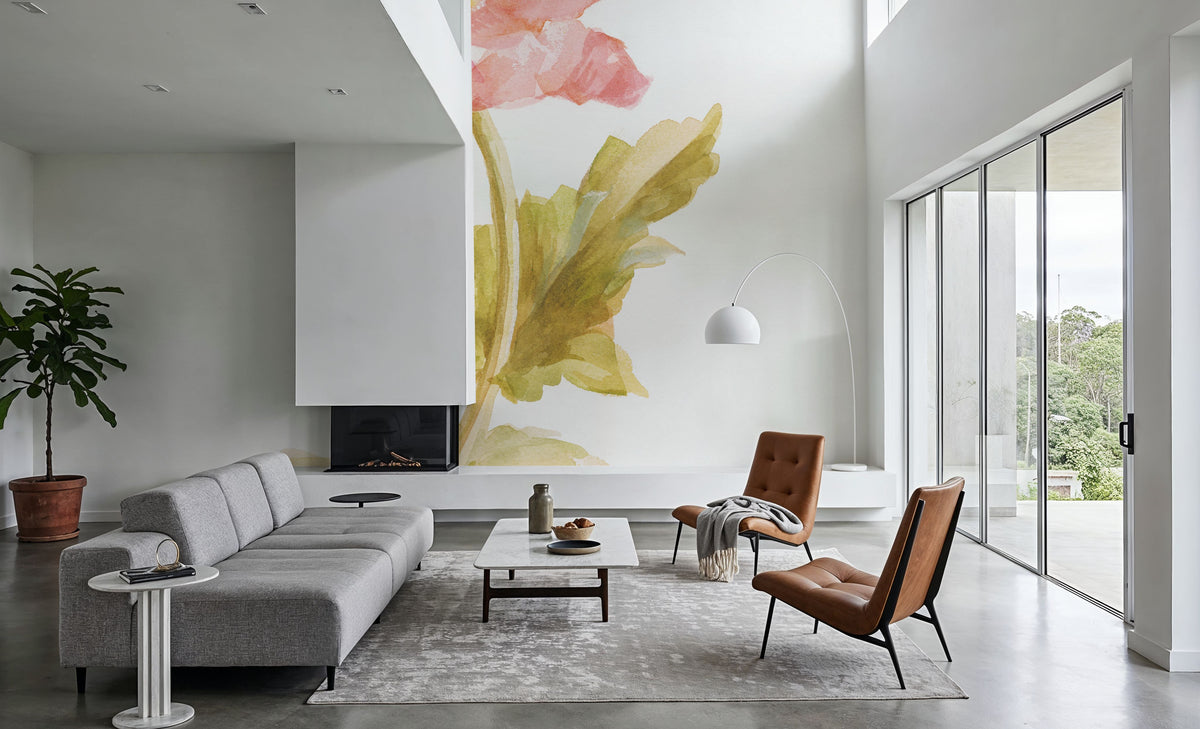 Garden Poppy on White Mural Wallpaper - room preview 04