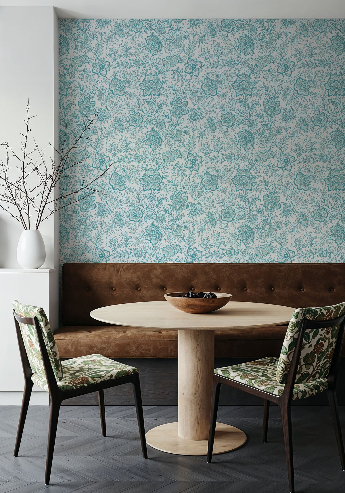 Kala Flowers Turqouise on White Mural Wallpaper - room preview 04
