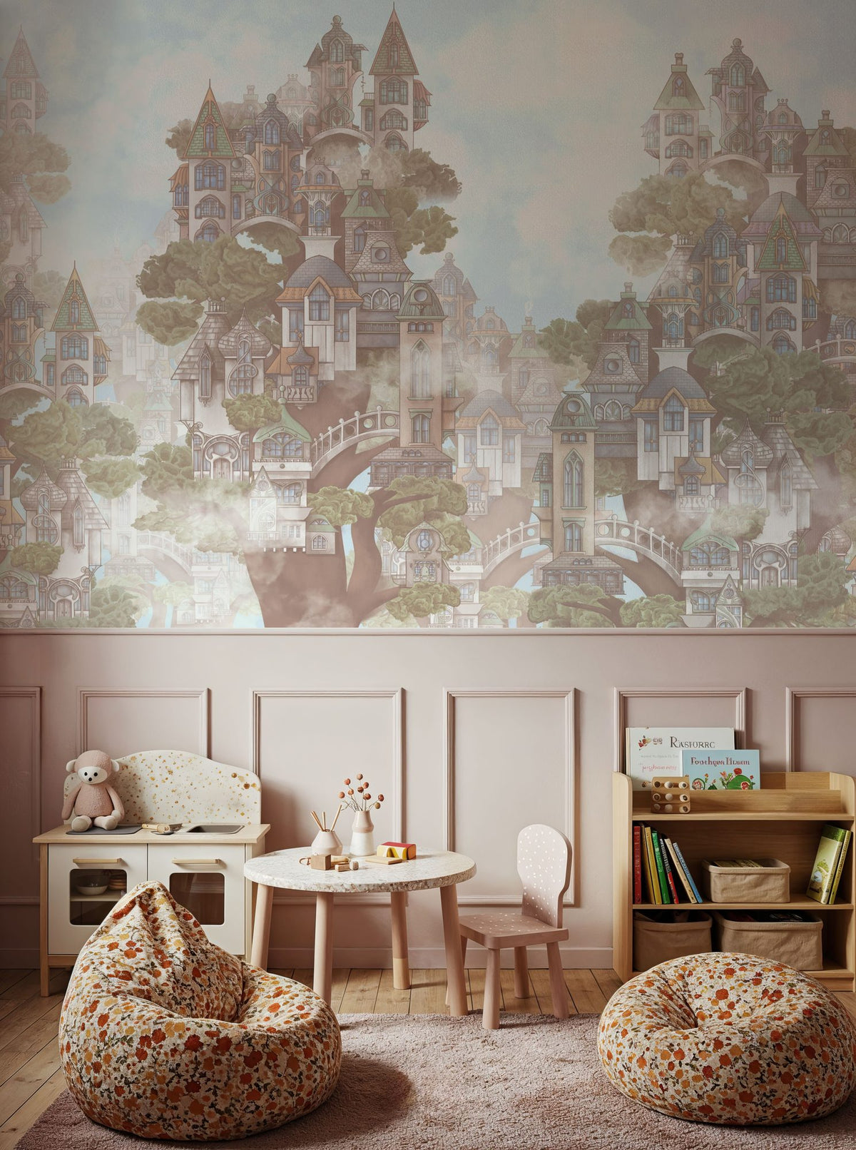 Treehouse Neighborhood Warm Pastel Mural Wallpaper - room preview 04