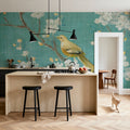 White Cherry Blossoms II on Blue Aged Mural Wallpaper - room preview 04