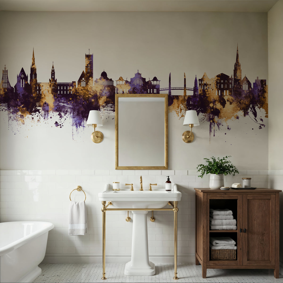 Torquay England Skyline Purple & Gold Mural Wallpaper - room preview 04