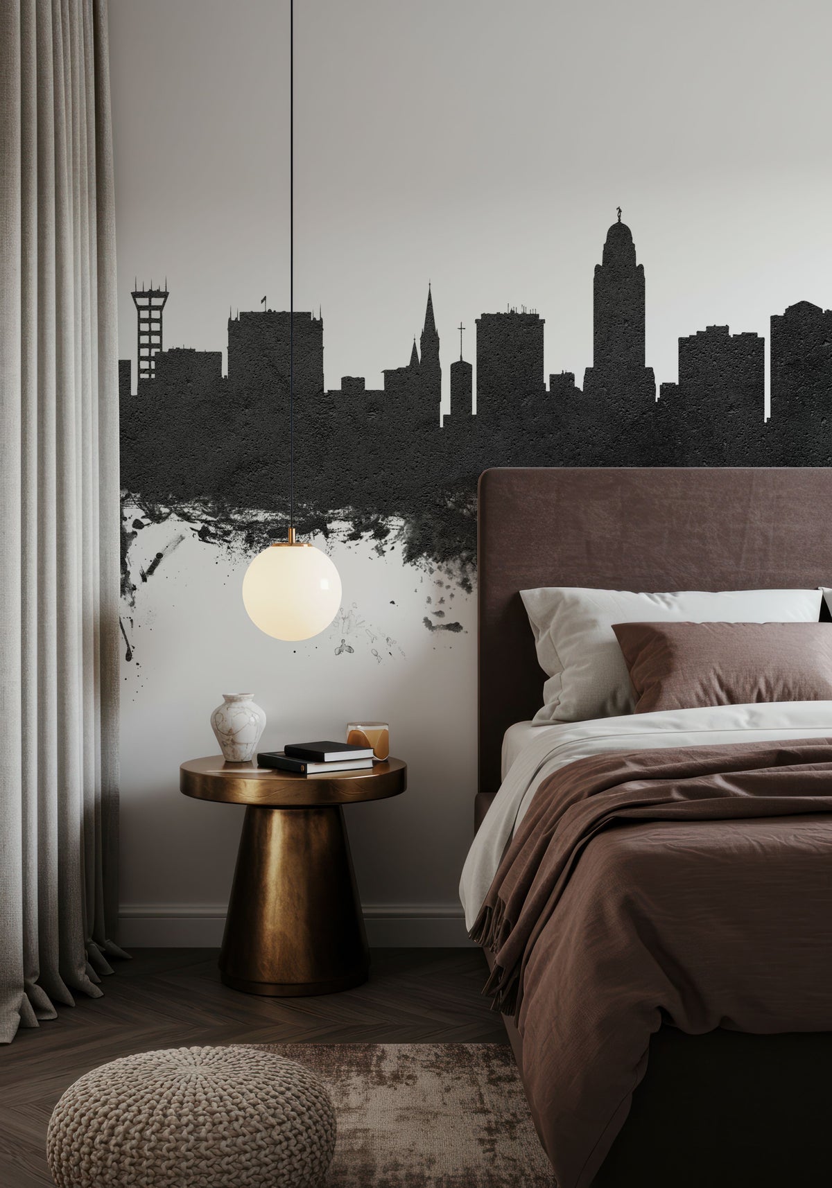 Lincoln Nebraska Skyline Black & White Mural Wallpaper - room preview 04