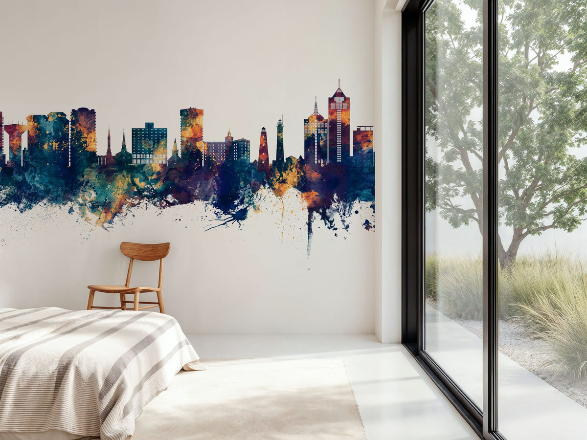 Virginia Beach Skyline Blue & Bronze Mural Wallpaper - room preview 04