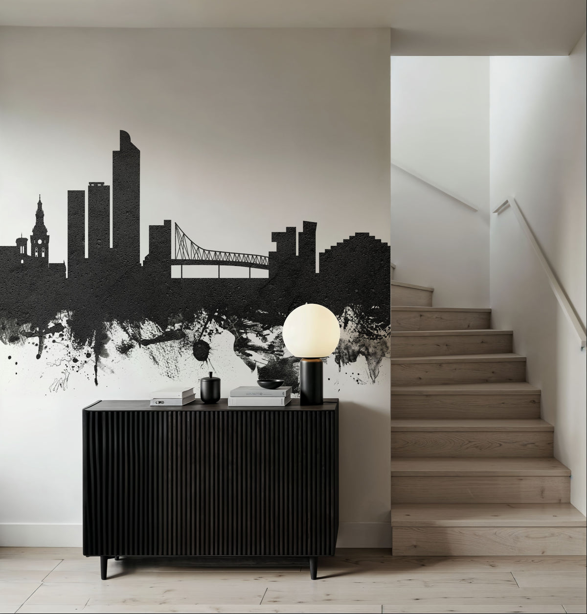 Oslo Skyline Black & White Mural Wallpaper - room preview 04