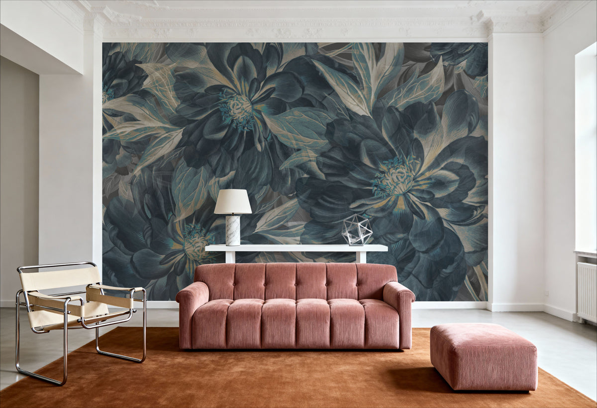 Peony Study - Midnight Teal Mural Wallpaper - room preview 04