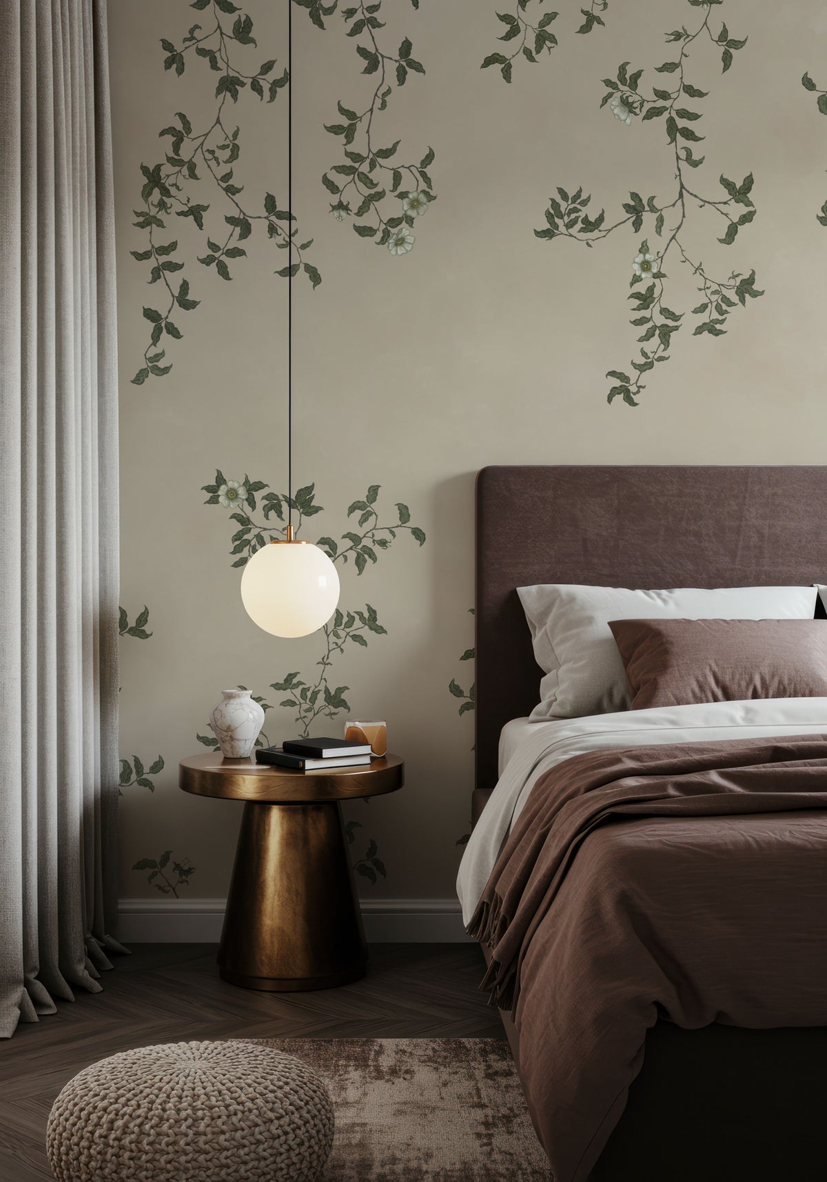 Rambling Rose, Ivory on Light Beige Mural Wallpaper - room preview 04