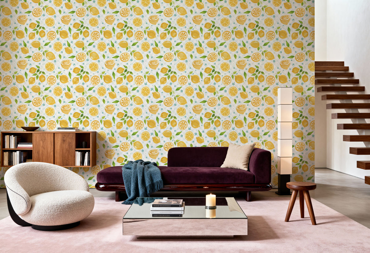 Mellow Lemons White Mural Wallpaper - room preview 04