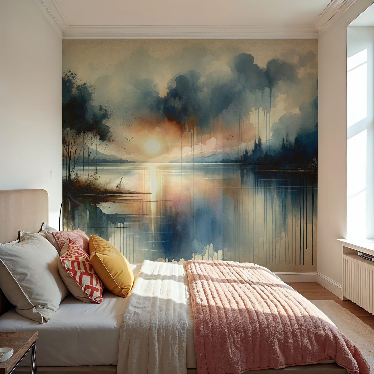 Watercolor Abstract Lake Mural Wallpaper - room preview 04