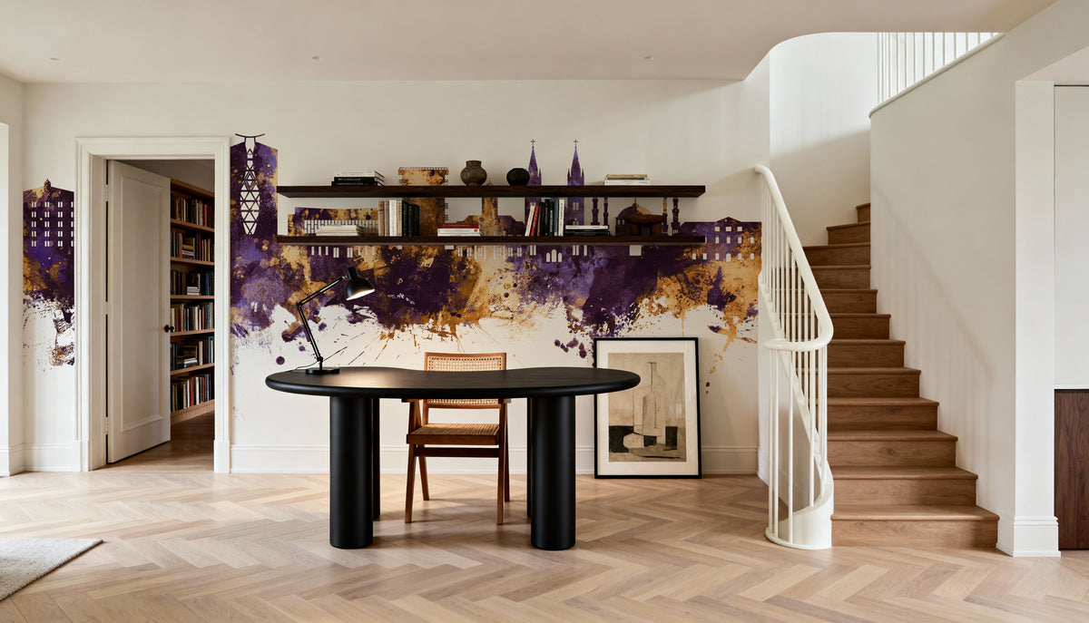 Paramaribo Suriname Skyline Purple & Gold Mural Wallpaper - room preview 04