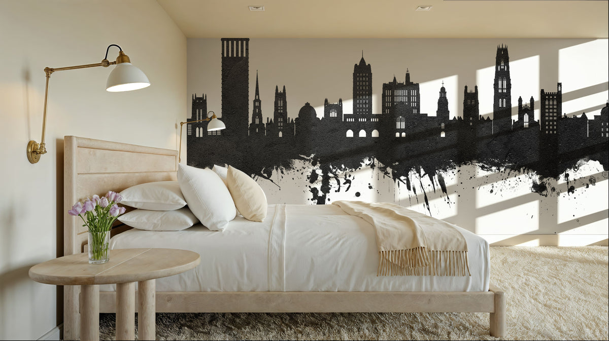 New Haven Connecticut Skyline Black & White Mural Wallpaper - room preview 04