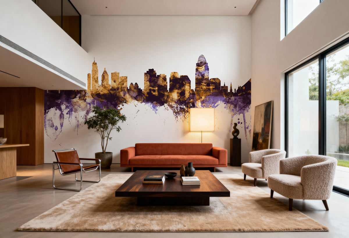 Cincinnati Ohio Skyline Purple & Gold Mural Wallpaper - room preview 04
