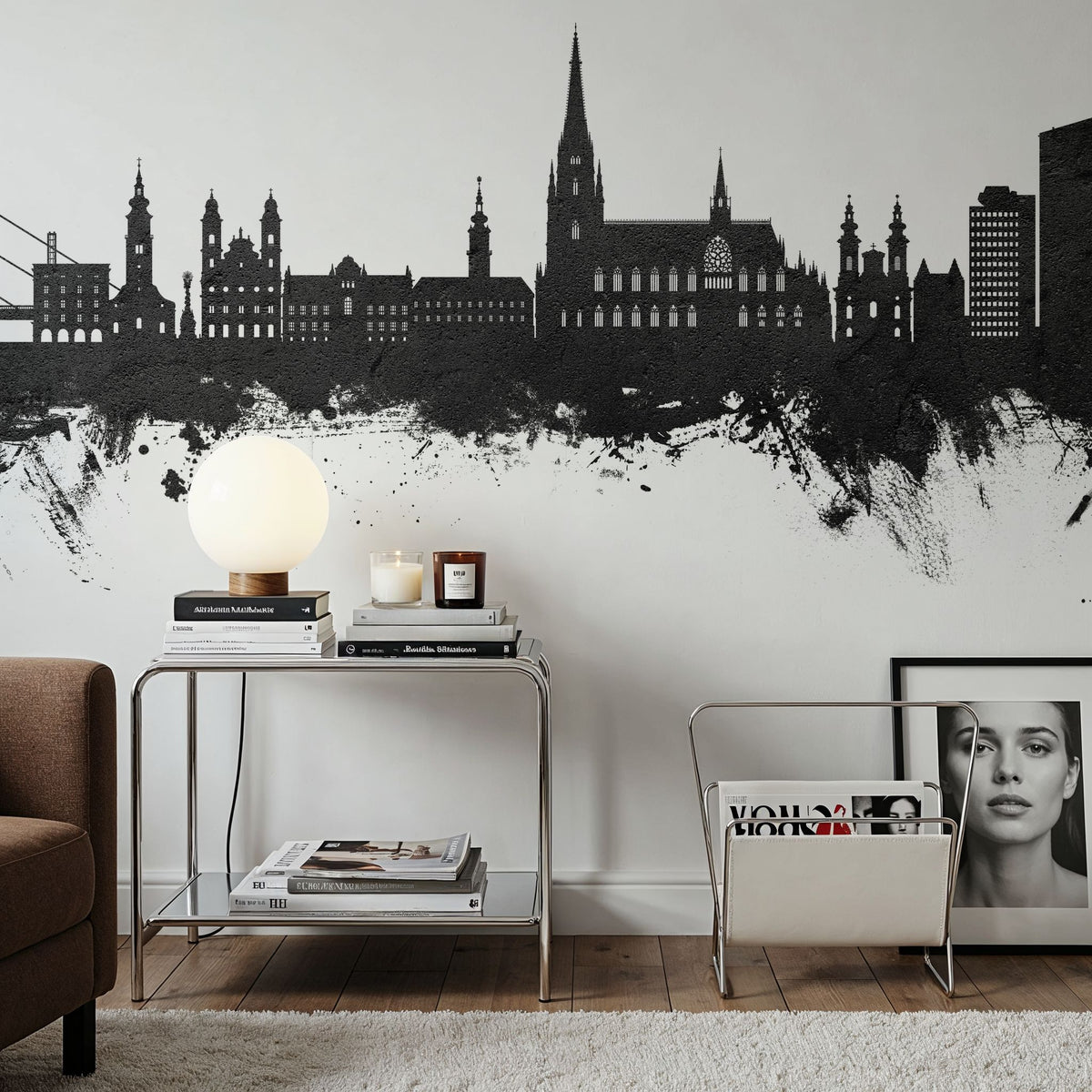 Linz Austria Skyline Black & White Mural Wallpaper - room preview 04