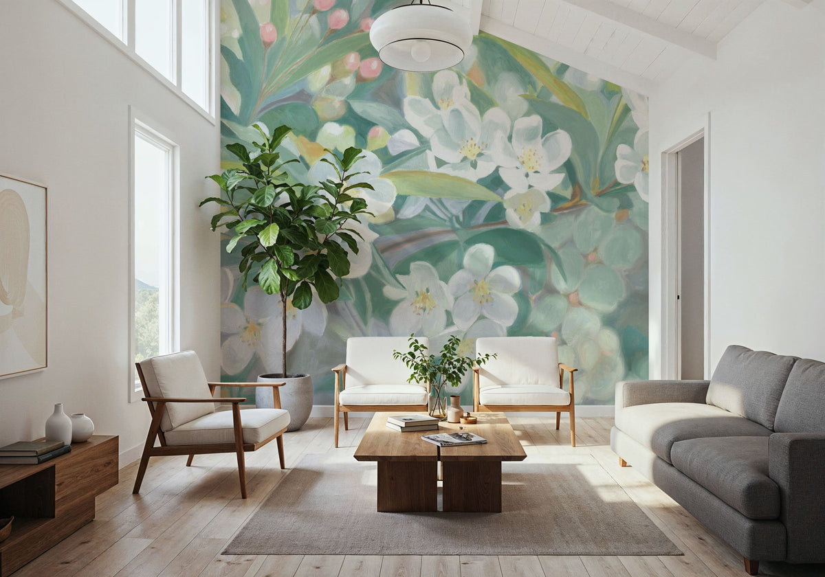 White Blossoms in Focus Mural Wallpaper - room preview 04