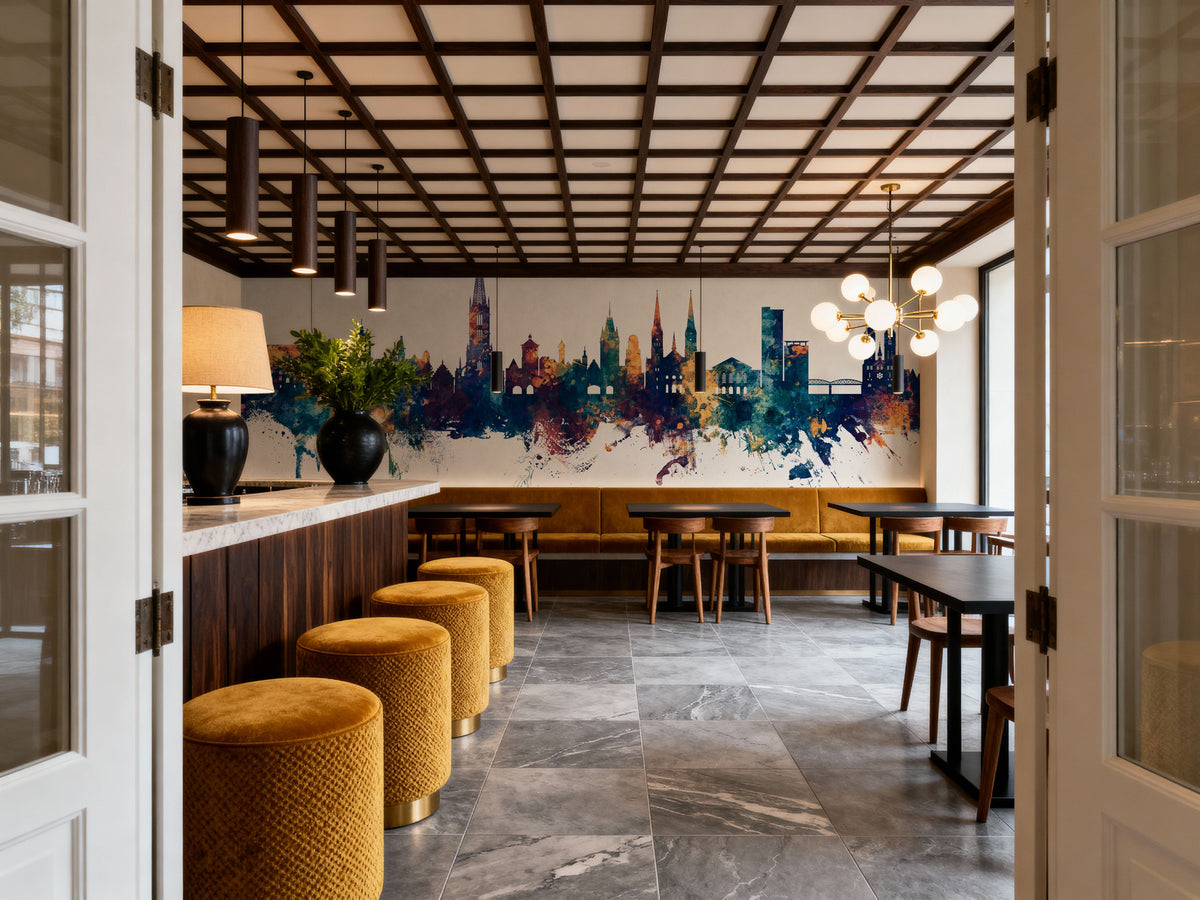 Freiburg Germnay Skyline Blue & Bronze Mural Wallpaper - room preview 04