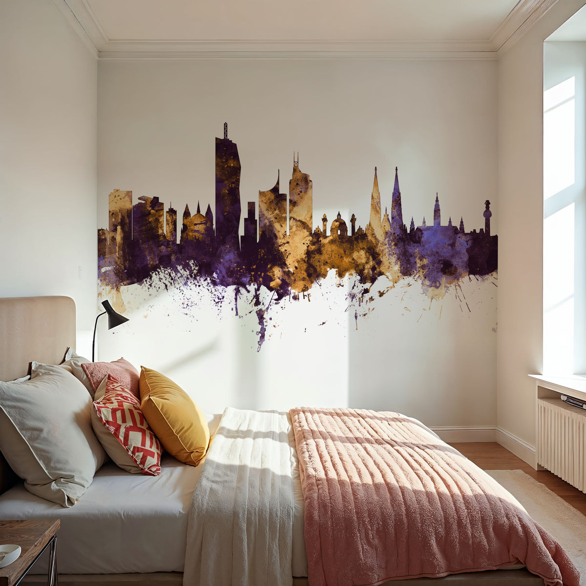 Vienna Austria Skyline Purple & Gold Mural Wallpaper - room preview 04