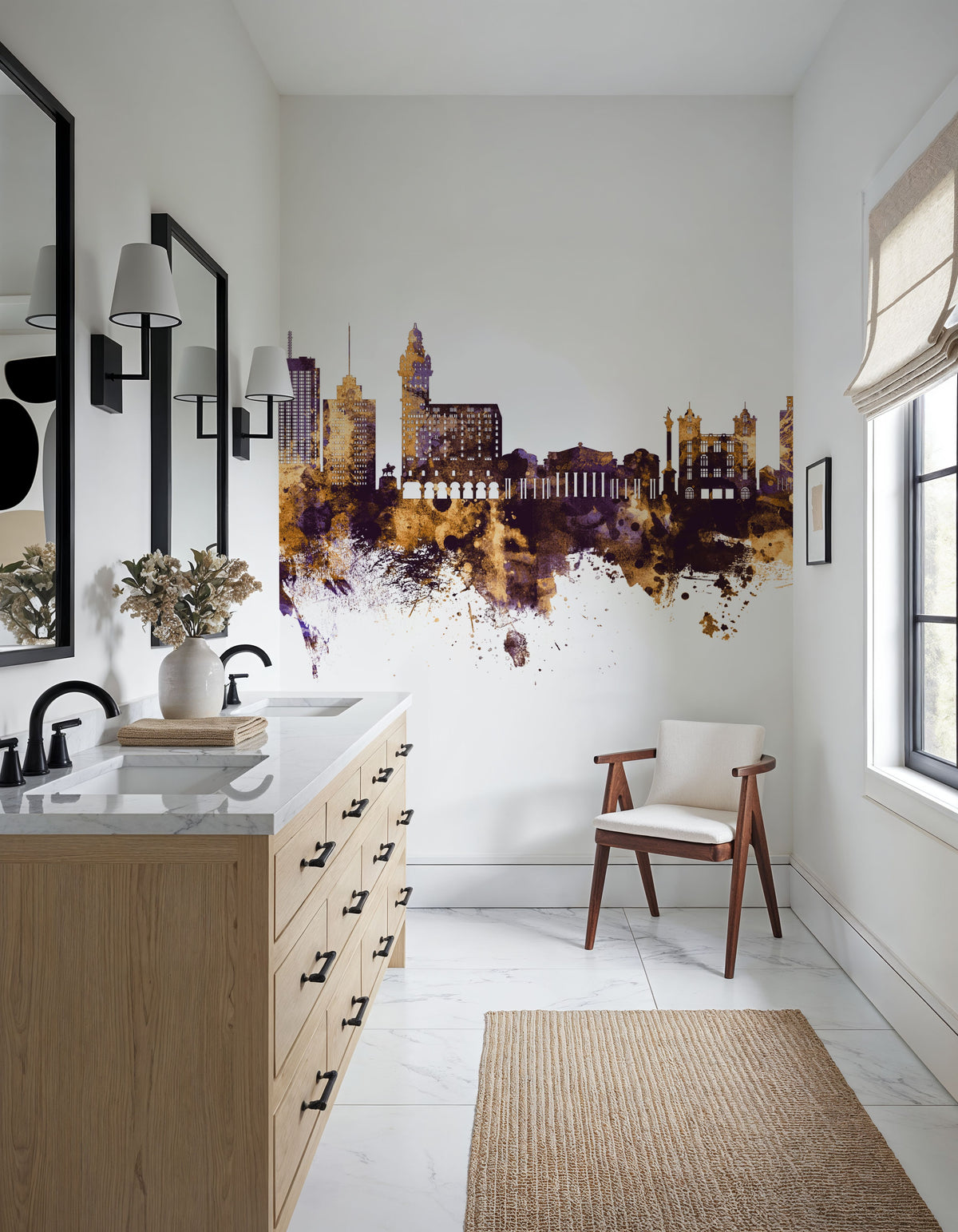 Montevideo Uruguay Skyline Purple & Gold Mural Wallpaper - room preview 04