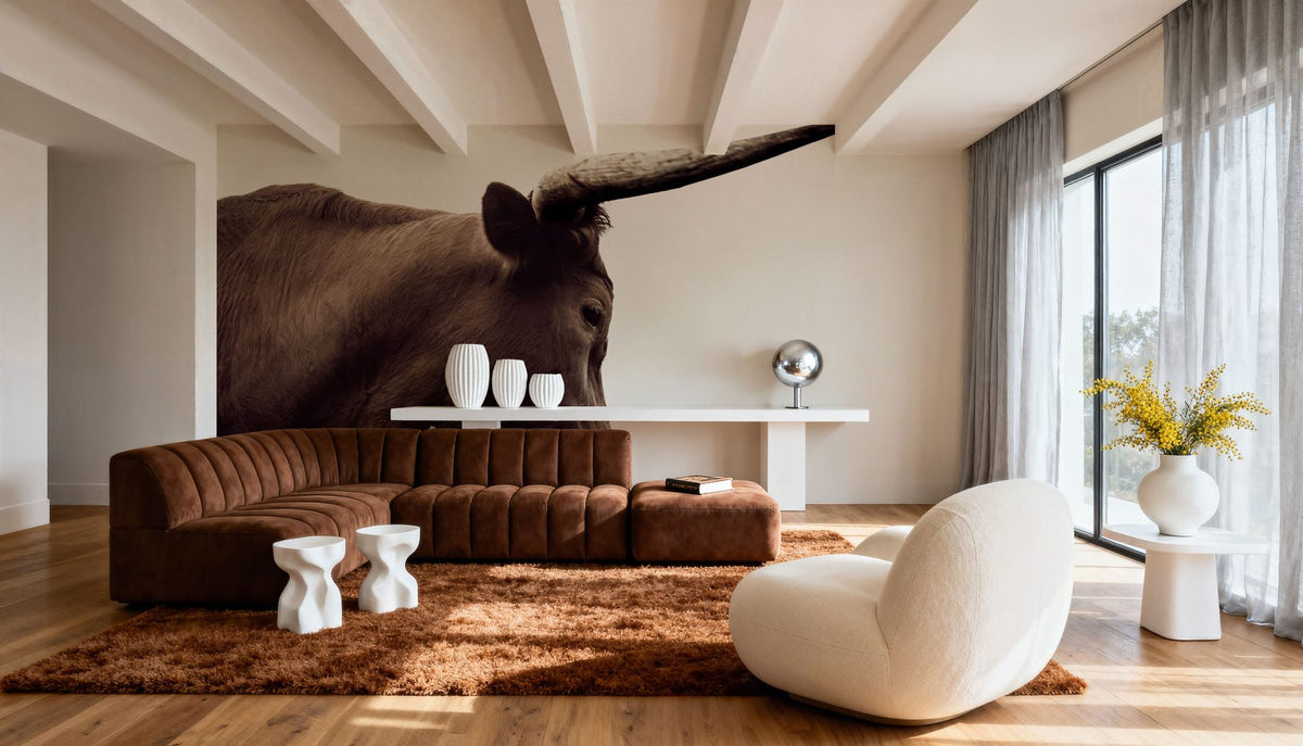 Longhorn Sunset Graze Sepia Mural Wallpaper - room preview 04