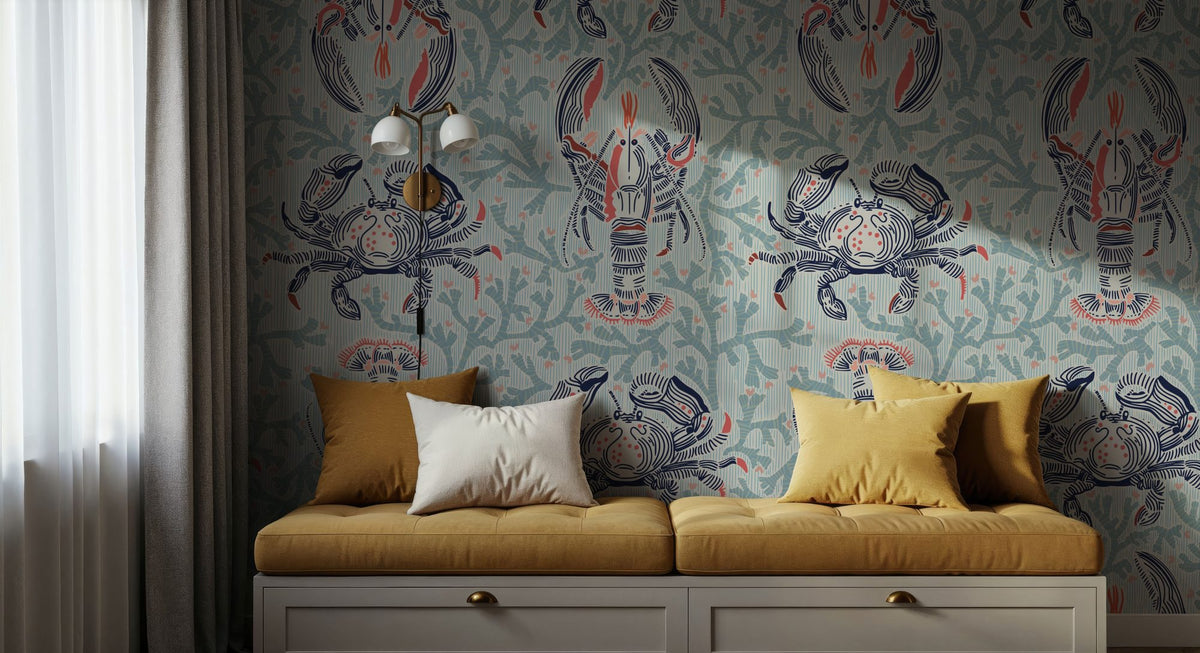 Lobster and Crab Coastal Nostalgia, Mint Mural Wallpaper - room preview 04