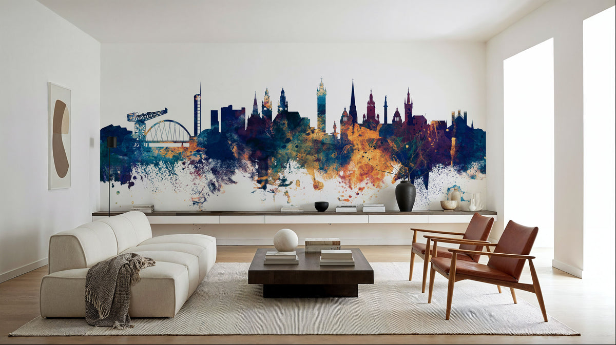 Glasgow Scotland Skyline Blue & Bronze Mural Wallpaper - room preview 04