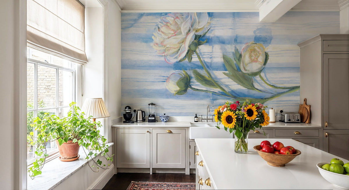 Peony on Blue Stripe Mural Wallpaper - room preview 04