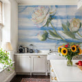 Peony on Blue Stripe Mural Wallpaper - room preview 04
