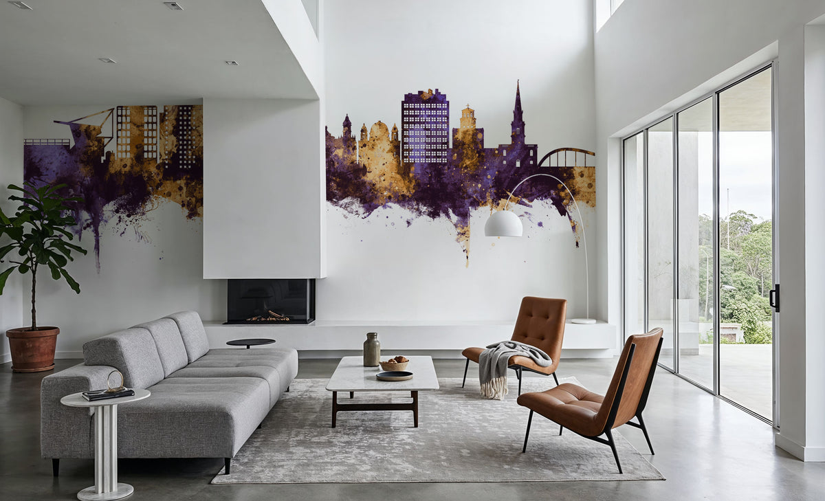 Wolverhampton England Skyline Purple & Gold Mural Wallpaper - room preview 04