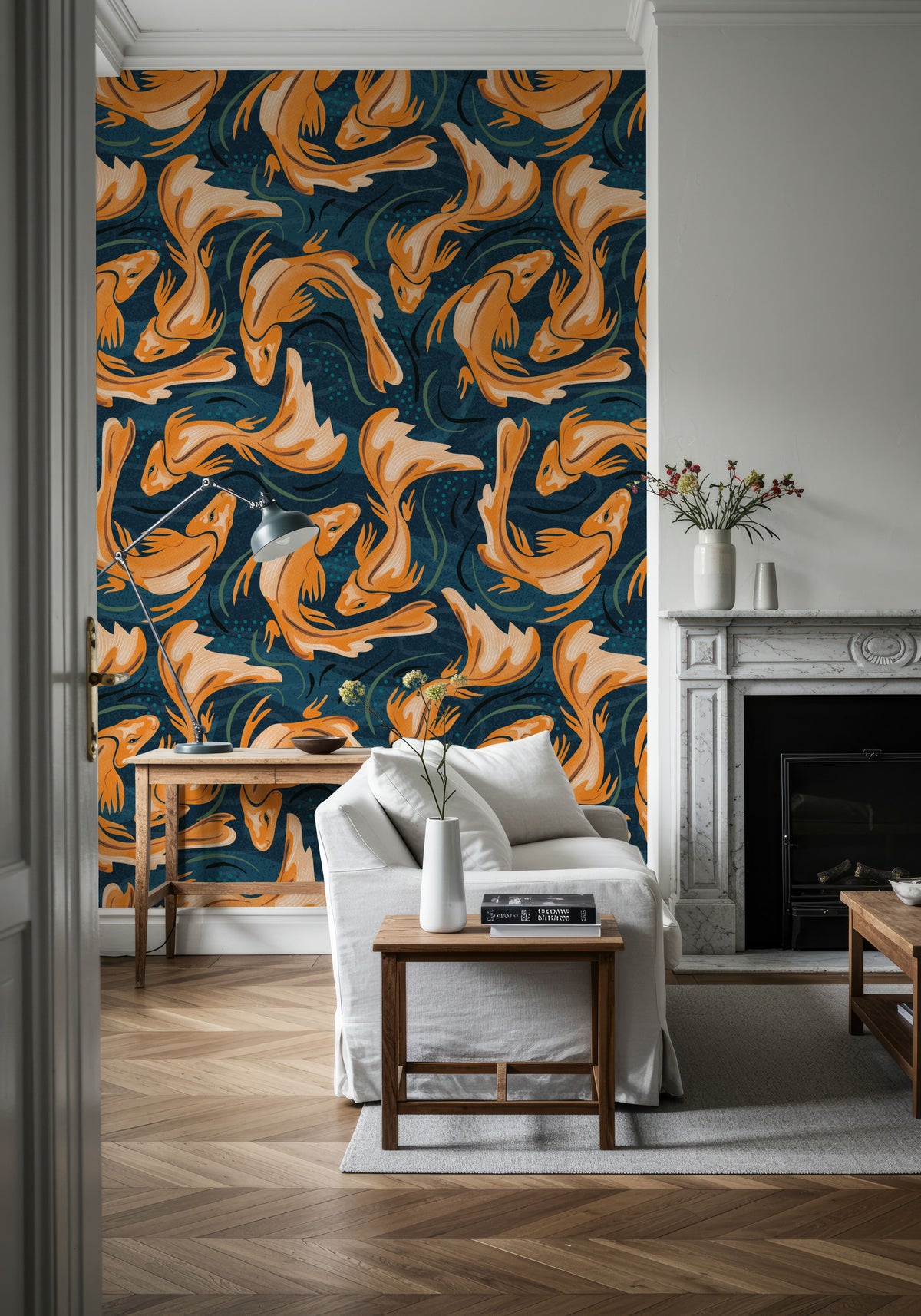 Koi Fish, Ocean Blue Mural Wallpaper - Red Tone - room preview 04
