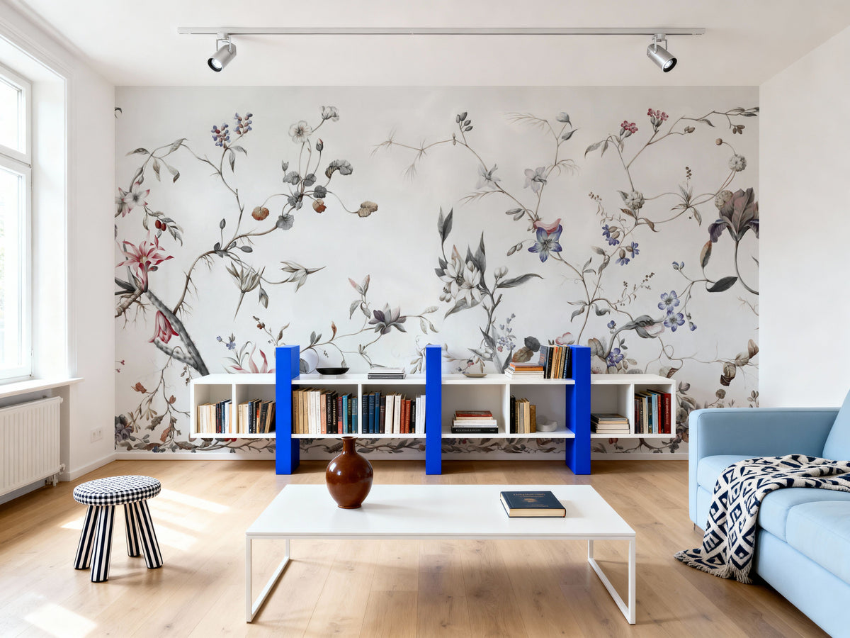 My Floral Abode, Gray Mural Wallpaper - room preview 04