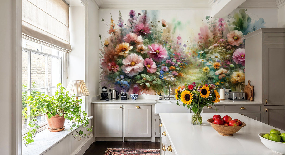 Flower Garden Watercolor Mural Wallpaper - room preview 04