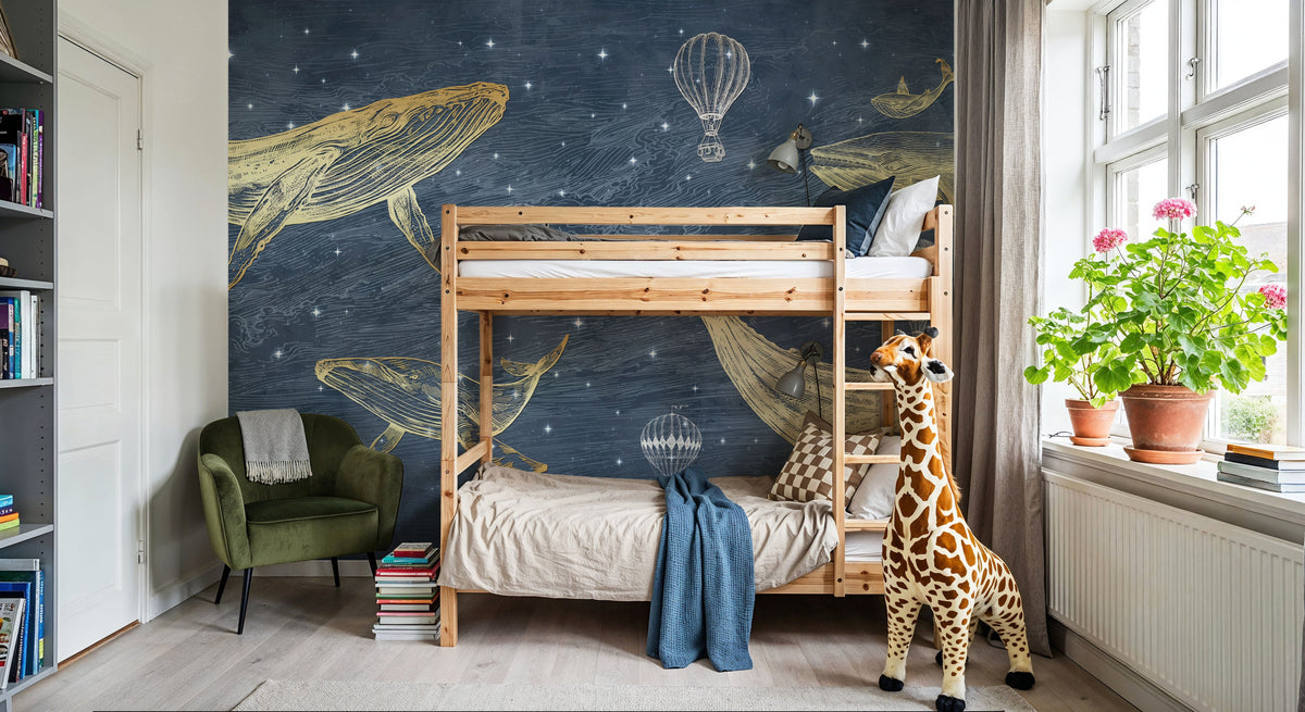 Whales in the Sky with Balloons, Washed Mural Wallpaper - room preview 04