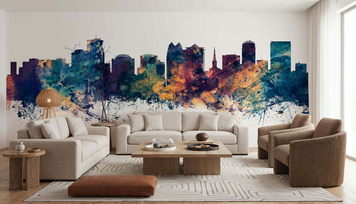 Orlando Florida Skyline Blue & Bronze Mural Wallpaper - room preview 04