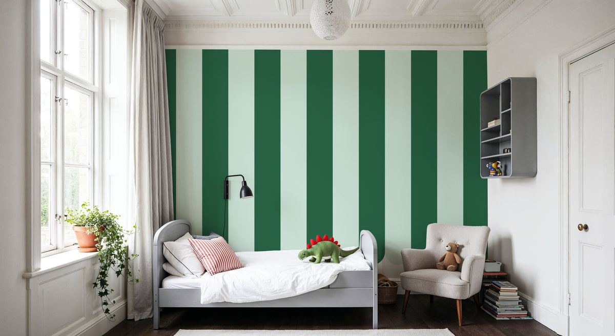 Scalloped Circus Stripes, Green on Green Mural Wallpaper - room preview 04