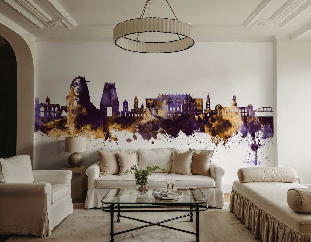 Coimbatore India Skyline Purple & Gold Mural Wallpaper - room preview 04