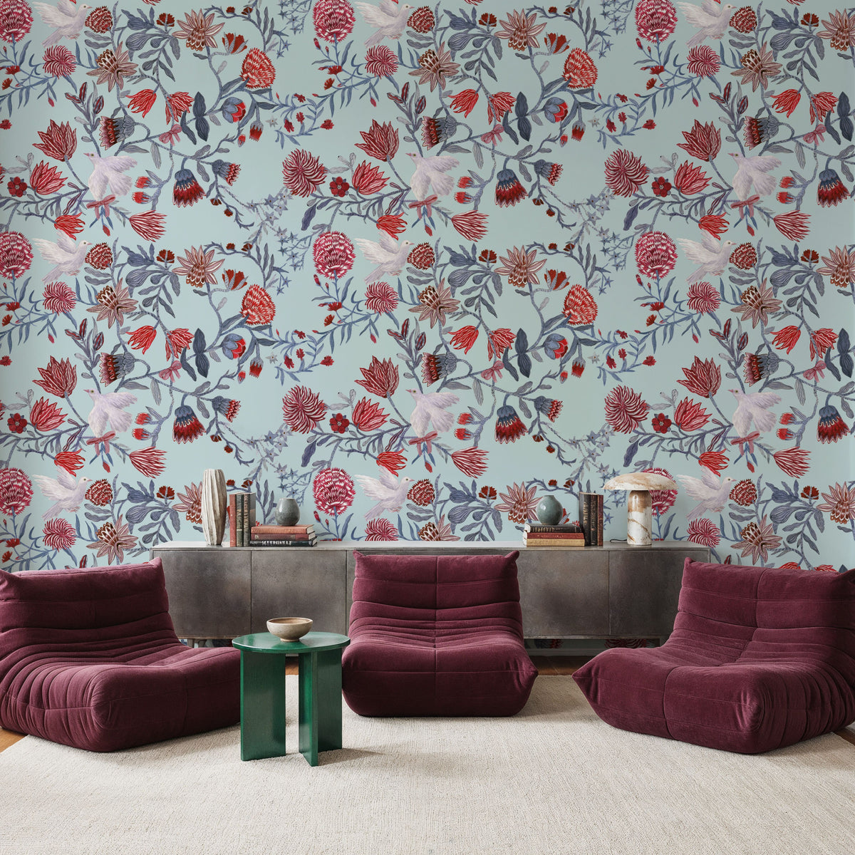 Miracle Blossoms and Birds, Red Mural Wallpaper - room preview 04