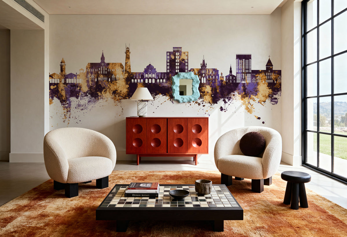 Georgetown Guyana Skyline Purple & Gold Mural Wallpaper - room preview 04