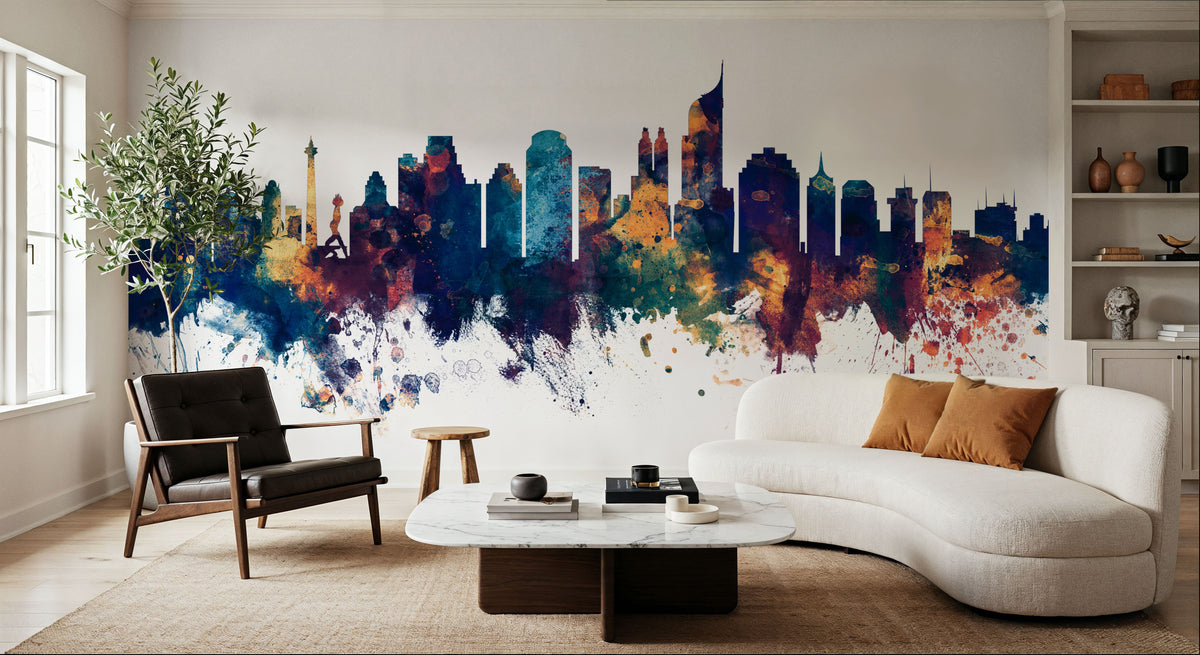 Jakarta Skyline Indonesia Blue & Bronze Mural Wallpaper - room preview 04