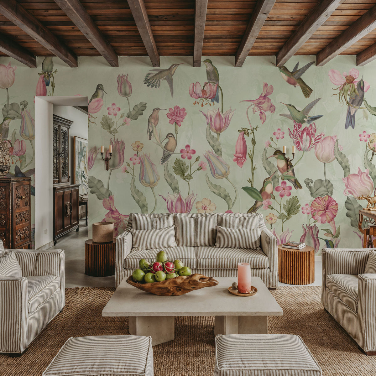 Tulips & Birds, Mint Mural Wallpaper - room preview 04