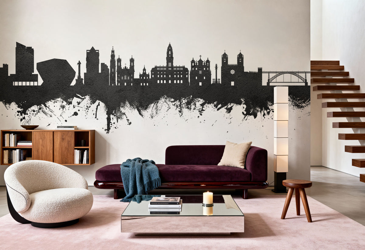 Porto Portugal Skyline Black & White Mural Wallpaper - room preview 04
