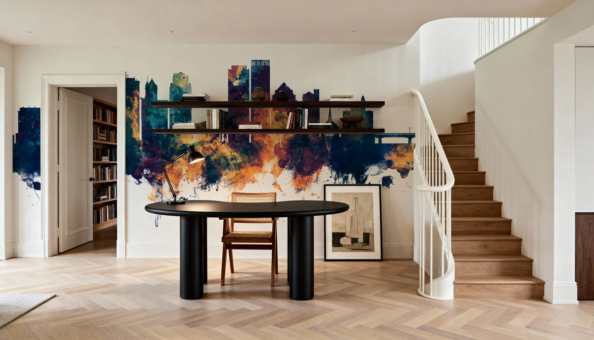 Dayton Ohio Skyline Blue & Bronze Mural Wallpaper - room preview 04
