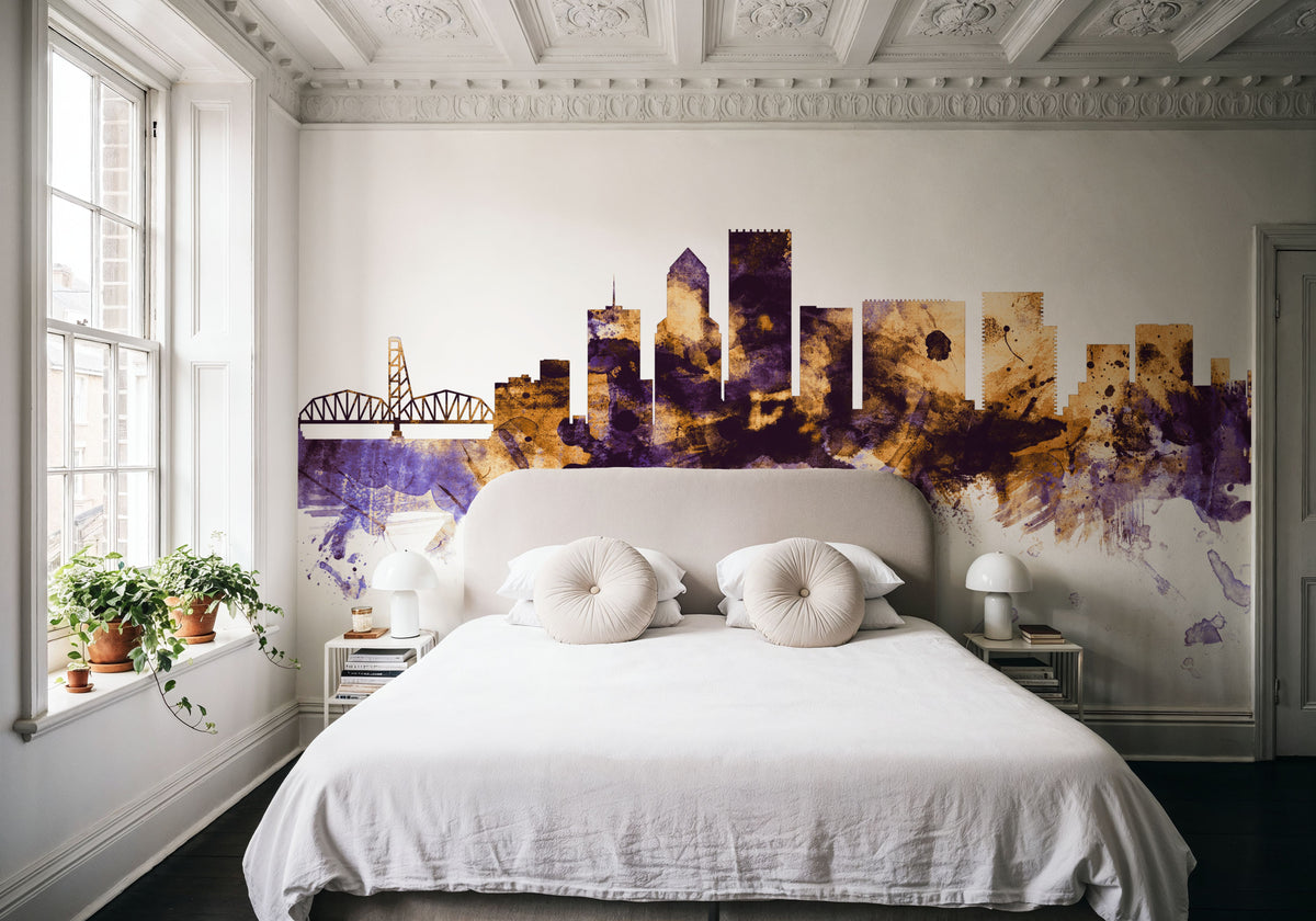 Portland Oregon Skyline Purple & Gold Mural Wallpaper - room preview 04