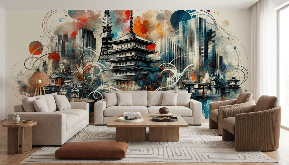 Watercolor Skyline Tokyo I Mural Wallpaper - room preview 04