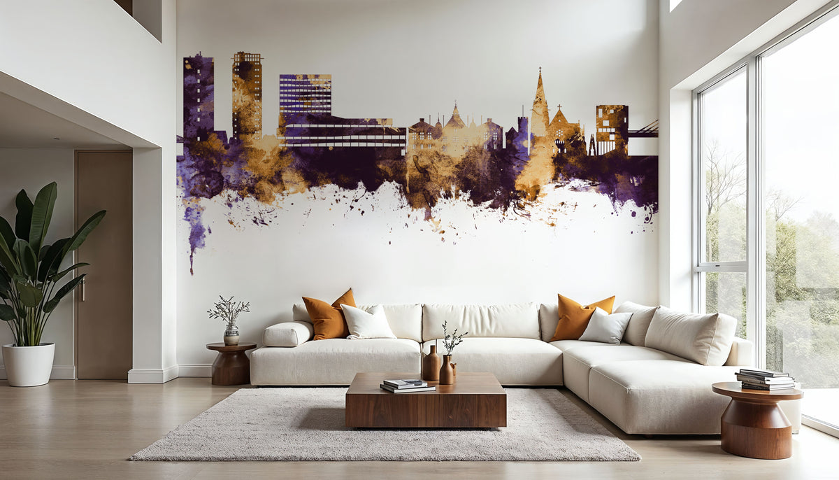 Umeå Skyline Purple & Gold Mural Wallpaper - room preview 04