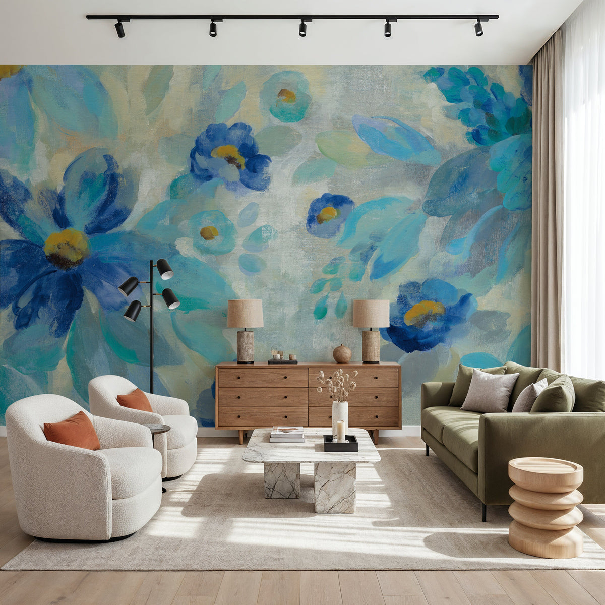Blue Flowers Whisper I Mural Wallpaper - room preview 04