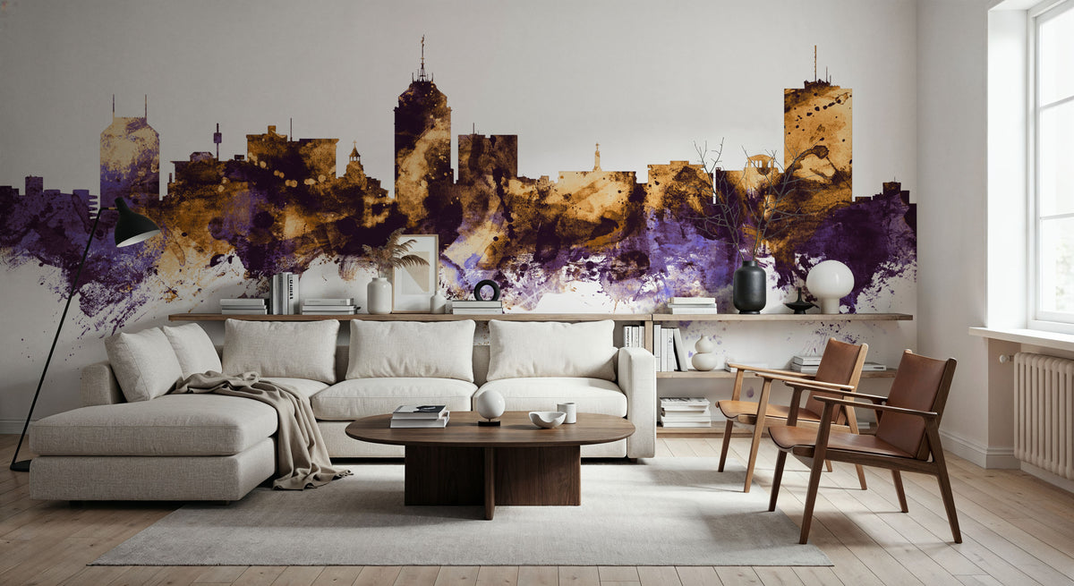 Fresno California Skyline Purple & Gold Mural Wallpaper - room preview 04