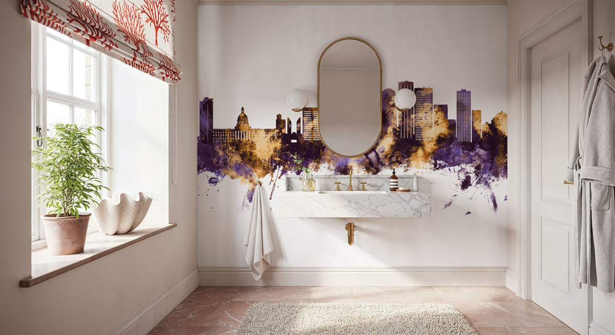 Edmonton Canada Skyline Purple & Gold Mural Wallpaper - room preview 04