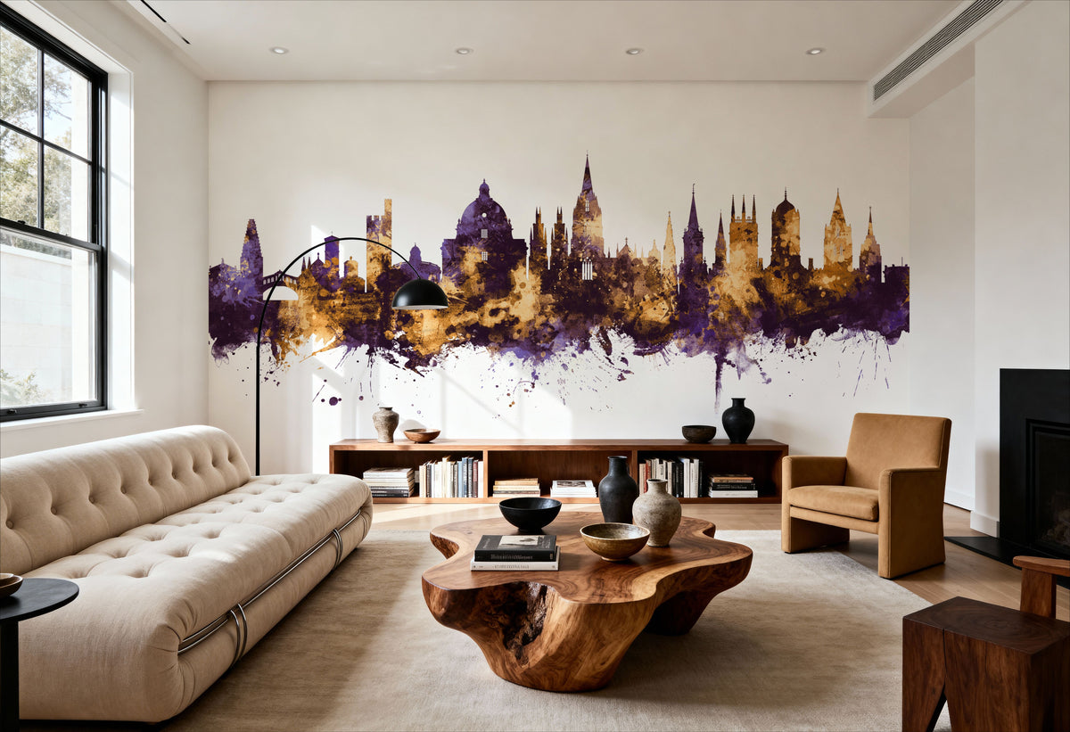 Oxford England Skyline Purple & Gold Mural Wallpaper - room preview 04