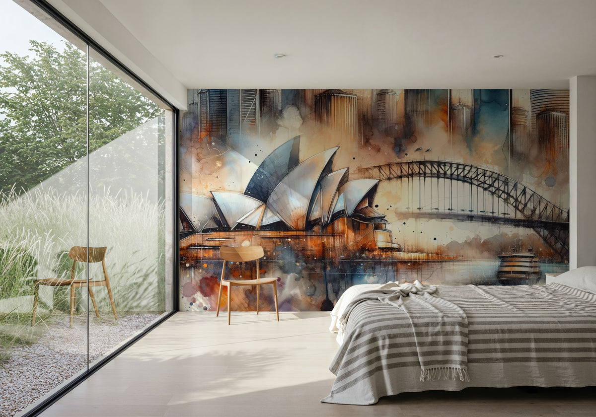 Watercolor Skyline Sydney Mural Wallpaper - room preview 04