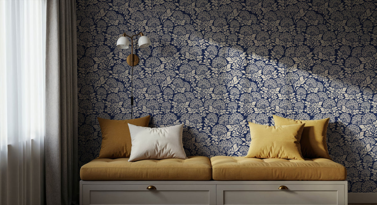 Hydrangea, Navy Mural Wallpaper - room preview 04